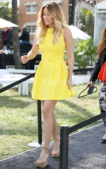 Lauren Conrad Yellow Pleated Dress and Tan Wedges Cotton 24 Hour Fashion  Show - Celebrity Style Guide