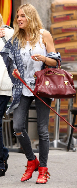 Sienna Miller wearing Louis Vuitton Monogram Denim Grunge Shawl - Celebrity  Style Guide