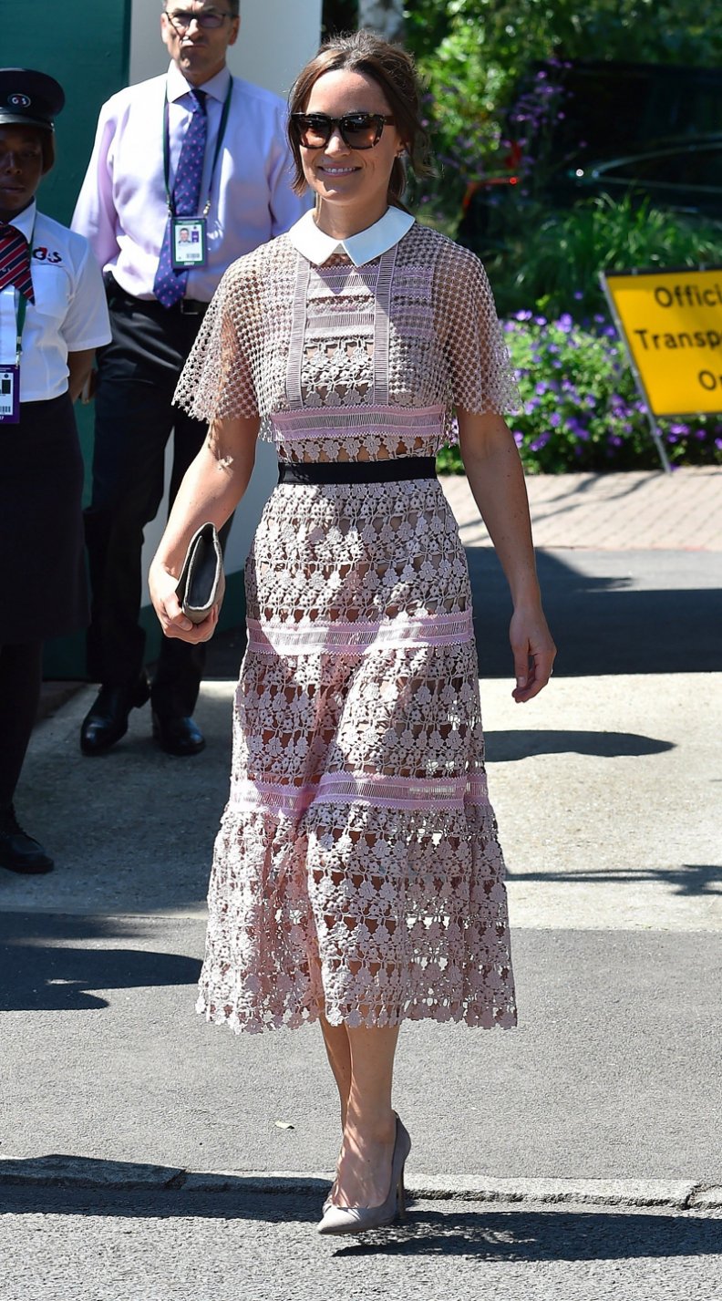 Pippa Middleton Plays It Cool In A Pink Lace Dress by Self-Portrait