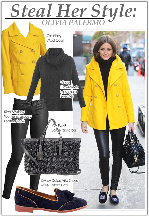 Who made Olivia Palermo's yellow handbag, red print argyle cardigan  sweater, and tassel loafer shoes? – OutfitID